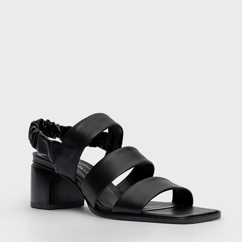 Sandália Triple Tiras Salto Bloco Couro Preto