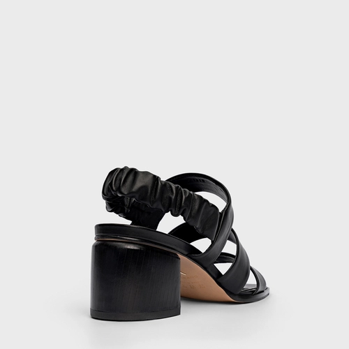 Sandália Triple Tiras Salto Bloco Couro Preto