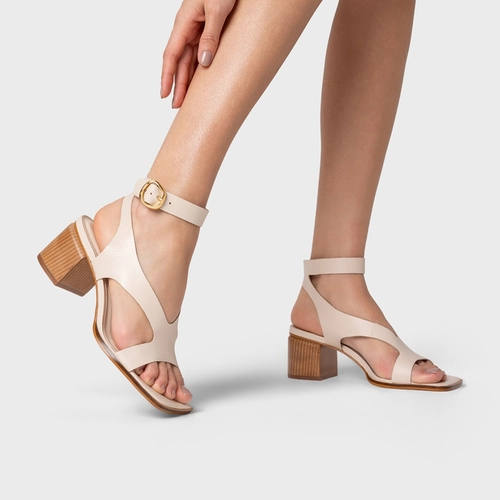 Sandália Recorte Front Salto Bloco Couro Off White Cotton
