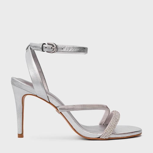 Sandália Cristal Salto Fino Couro Metalizado Prata