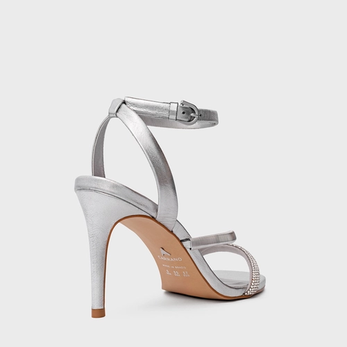 Sandália Cristal Salto Fino Couro Metalizado Prata