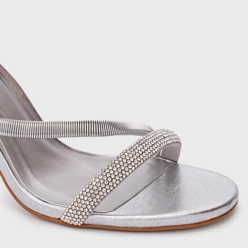 Sandália Cristal Salto Fino Couro Metalizado Prata