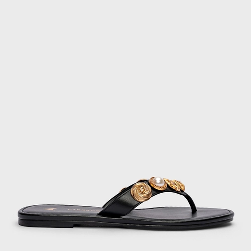 Flat Thong Mixed Coins Couro Preto
