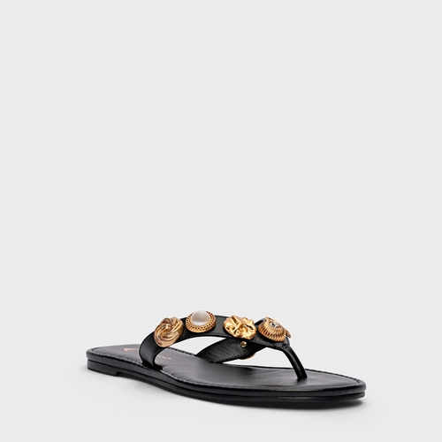 Flat Thong Mixed Coins Couro Preto