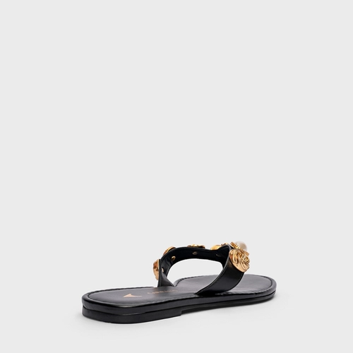 Flat Thong Mixed Coins Couro Preto