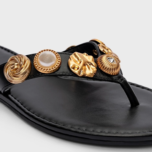 Flat Thong Mixed Coins Couro Preto