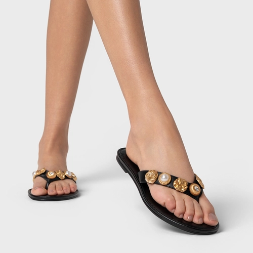 Flat Thong Mixed Coins Couro Preto