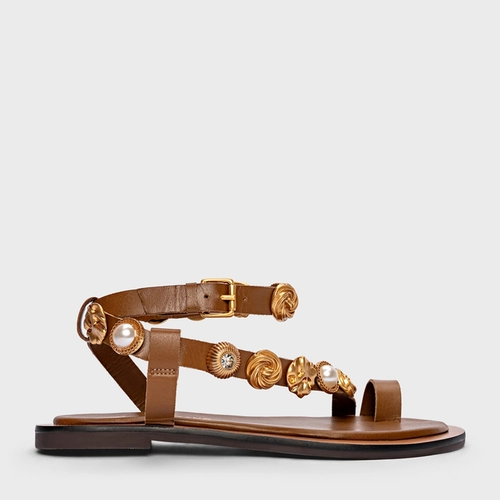 Sandália Flat Mixed Coins Couro Marrom Saddle