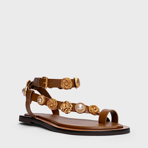 Sandália Flat Mixed Coins Couro Marrom Saddle