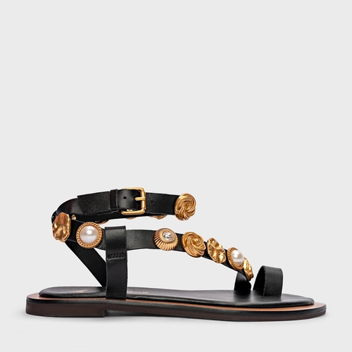 Sandália Flat Mixed Coins Couro Preto