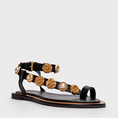 Sandália Flat Mixed Coins Couro Preto