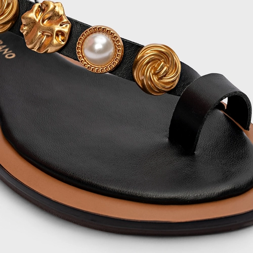 Sandália Flat Mixed Coins Couro Preto