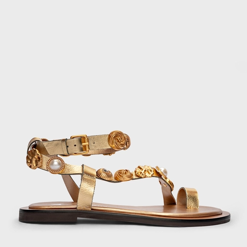 Sandália Flat Mixed Coins Couro Metalizado Dourado