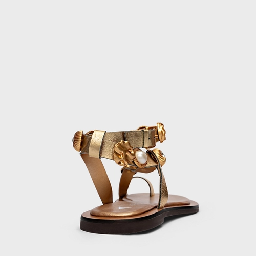 Sandália Flat Mixed Coins Couro Metalizado Dourado