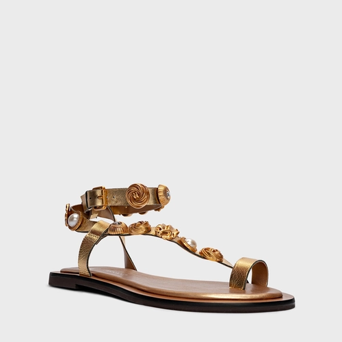 Sandália Flat Mixed Coins Couro Metalizado Dourado