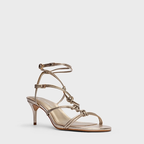 Sandália String Salto Fino Couro Metalizado Champagne