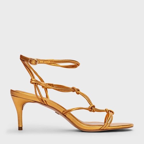 Sandália String Salto Fino Couro Metalizado Dourado Yellow