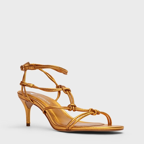 Sandália String Salto Fino Couro Metalizado Dourado Yellow