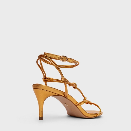 Sandália String Salto Fino Couro Metalizado Dourado Yellow