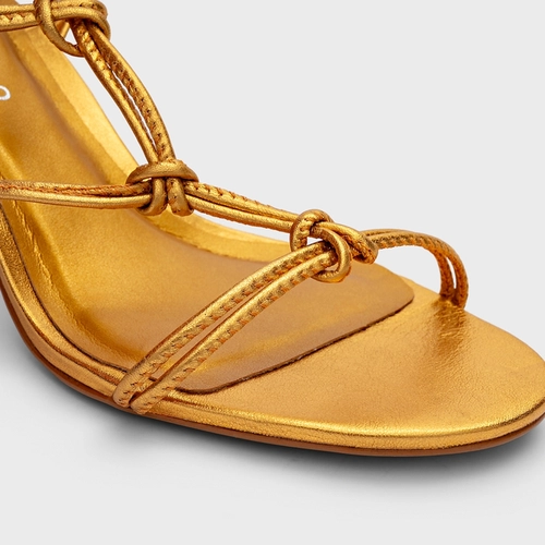Sandália String Salto Fino Couro Metalizado Dourado Yellow