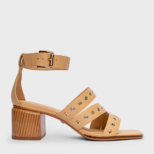 Sandália Triple Ilhós Salto Bloco Couro Bege Porcini