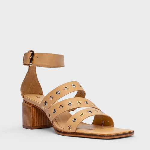 Sandália Triple Ilhós Salto Bloco Couro Bege Porcini