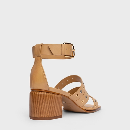 Sandália Triple Ilhós Salto Bloco Couro Bege Porcini