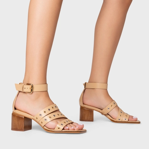 Sandália Triple Ilhós Salto Bloco Couro Bege Porcini