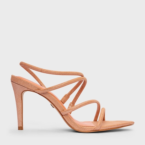 Sandália Delicate Tiras Salto Fino Couro Metallic Rosa Blush