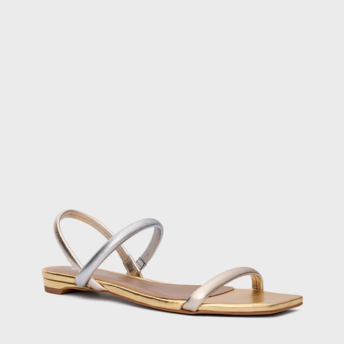 Sandália Flat Delicate Tiras Couro Metalizado Mix