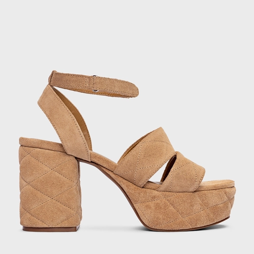 Sandália Plataforma Matelassê Salto Bloco Couro Suede Bege Toffee