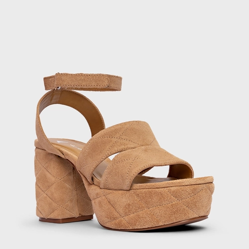 Sandália Plataforma Matelassê Salto Bloco Couro Suede Bege Toffee