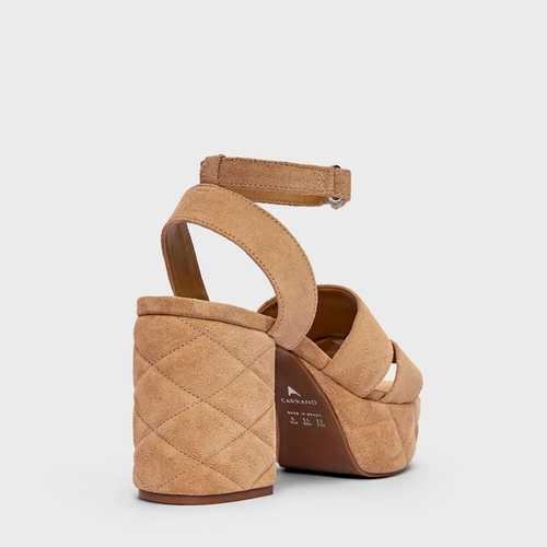Sandália Plataforma Matelassê Salto Bloco Couro Suede Bege Toffee
