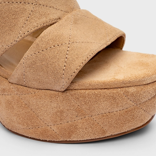 Sandália Plataforma Matelassê Salto Bloco Couro Suede Bege Toffee
