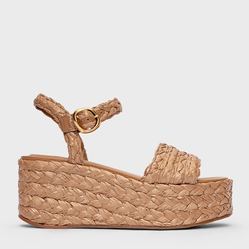 Sandália Plataforma Natural Flatform Rafia Tressê Marrom Honey