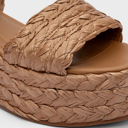 Sandália Plataforma Natural Flatform Rafia Tressê Marrom Honey