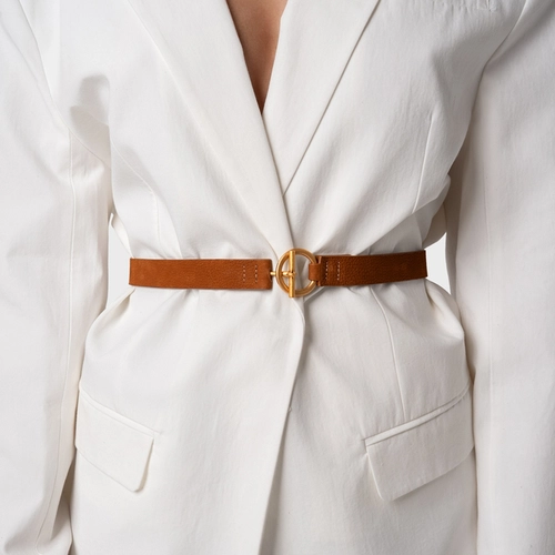 Cinto Detalhe Fivela Médio Couro Nobuck Marrom Saddle