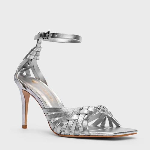 Sandália Weave Salto Fino Couro Metalizado Prata