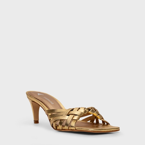 Open Mule Weave Salto Fino Couro Metalizado Dourado