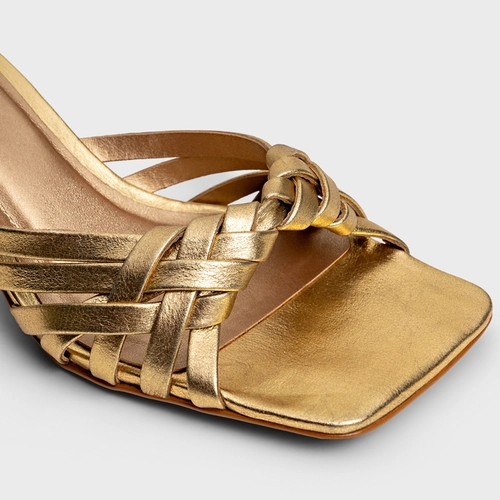 Open Mule Weave Salto Fino Couro Metalizado Dourado
