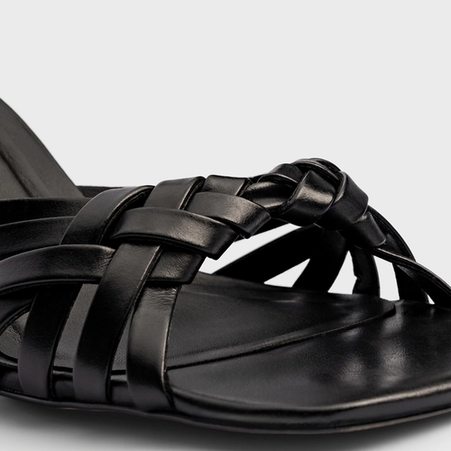 Open Mule Weave Salto Fino Couro Preto