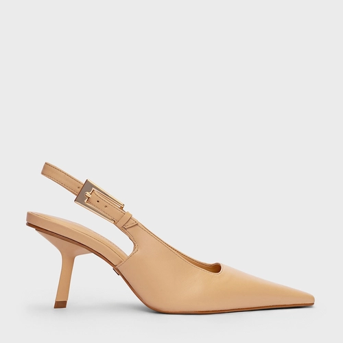 Scarpin Slingback Minimal Salto Fino Couro Bege Porcini