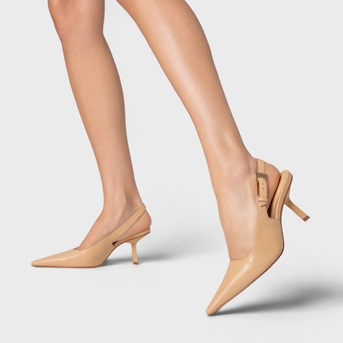 Scarpin Slingback Minimal Salto Fino Couro Bege Porcini