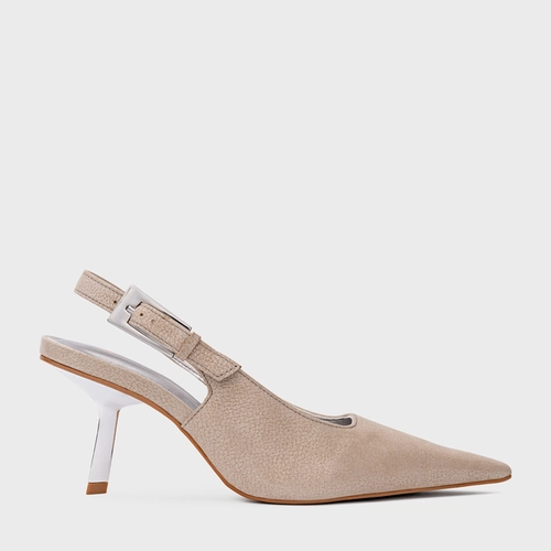 Scarpin Slingback Minimal Salto Fino Couro Metallic Bege Silver