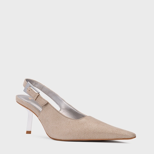 Scarpin Slingback Minimal Salto Fino Couro Metallic Bege Silver