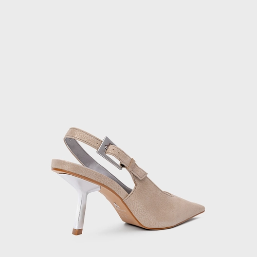 Scarpin Slingback Minimal Salto Fino Couro Metallic Bege Silver