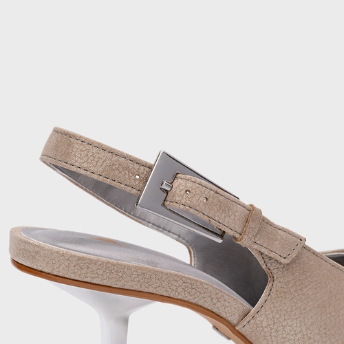 Scarpin Slingback Minimal Salto Fino Couro Metallic Bege Silver