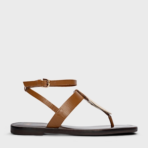 Sandália Flat Ornament Couro Marrom Saddle