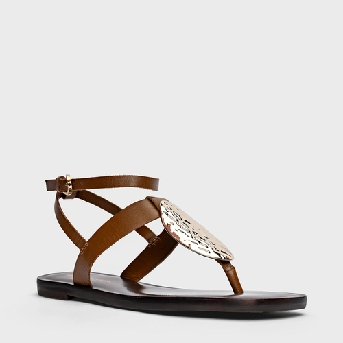 Sandália Flat Ornament Couro Marrom Saddle