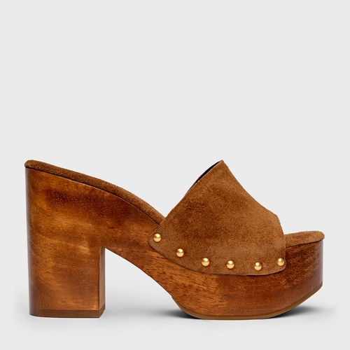 Open Mule Plataforma Wood Studs Couro Suede Marrom Saddle